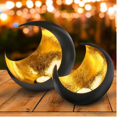 Set of 2 Modern Decorative Candle Holders Tea Light Holders Moon Large 20 cm Gold Autumn Decorative Lantern Black Outdoor Gold Indoor Oriental Lantern Candle Holder Made of Metal as Ramadan Decoration