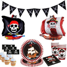 Pirate Party Tableware Decoration, Pirate Children's Birthday Decoration Set, Party Accessories for Pirate Birthday, Includes Plates, Cups, Tablecloth, Napkins, Banners, Balloons for Children, Girls,