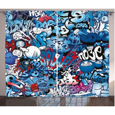 ABAKUHAUS Colourful Rustic Graffiti Street Art Bedroom Ruffle Tape Curtain with Loops and Hooks, 280 x 175 cm, Aqua Red