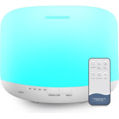 500 ml Aroma Diffuser, BPA-Free Ultrasonic Humidifier with Remote Control and 7 Colour Changing LED Lights, White