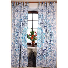 Boho Curtains (1 Pair) with Loops, Hand Printed Ethnic Style Curtain, Mandala Motif - White/Blue/Turquoise/Curtains and Curtains