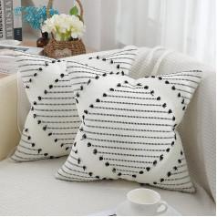 decorUhome Boho Cushion Covers 18x18 Inch 2 Pack Black and Cream White 18x18 Farmhouse Decorative Pillow Covers for Couch Sofa Living Room