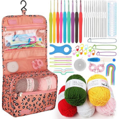 Aeelike 59 Pieces Crochet Set for Beginners, Hanging Pink Leopard Pattern Crochet Hook Set with Wool and Stainless Steel Tips Crochet Hooks, 0.6 mm - 6.0 mm Crochet Hooks Set for Crochet Socks,