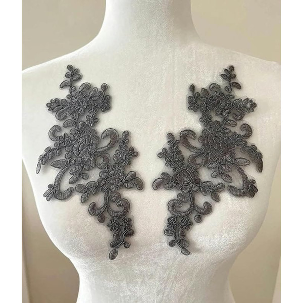 1 Pair Black Floral Lace Sew On Patches Embroidery Applique Wedding Dress Repair 25x12cm
