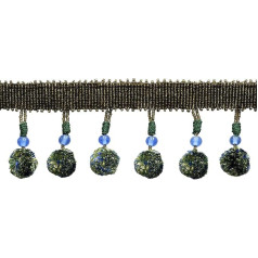 Marrakesch Collection Glasperlenquaste, Fransenbordüre mit Pompom-Kugel (Stil # PPFRWB-GL), Pioneer Green #VL08 (Waldgrün, Olivgrün, Kobaltblau), 7,5 cm lang, 0,9 m