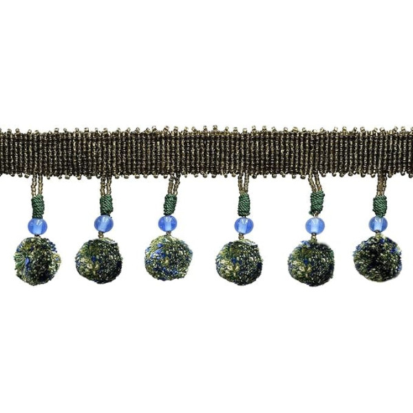 Marrakesch Collection Glasperlenquaste, Fransenbordüre mit Pompom-Kugel (Stil # PPFRWB-GL), Pioneer Green #VL08 (Waldgrün, Olivgrün, Kobaltblau), 7,5 cm lang, 0,9 m