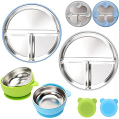 CLDY Set of 2 Stainless Steel Baby Plates with Suction Cup + 2 Pieces Porridge Bowl Baby Bowl, Children's Crockery Set, Divided Stable Learning Plates, Split Plates, BPA-Free, Leak-Proof, Dishwasher