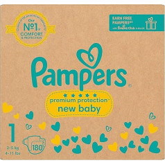 Pampers Premium Protection New Baby Size 1, 180 Nappies, 2-5 kg, Monthly Pack + Pampers Harmony Aqua Baby Wipes, 1 Pack of 10 Wipes