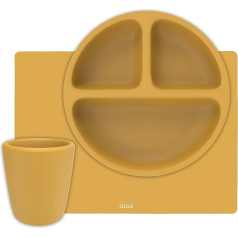 OLGS Silicone Children's Tableware Set of 3 for Baby and Child | Children's Tableware, Plates, Cups, Placemat Basic | Children's Plate Baby Plate Learning Set BPA Free Mustard Yellow | Silicone Mat