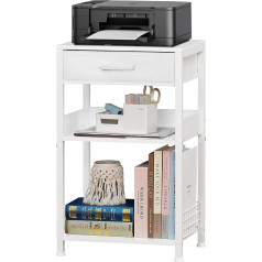 LELELELINKY 3 Tier Side Table, Telephone Table with Fabric Drawer and Wire Mesh Shelf, White Bedside Table, Multifunctional Printer Table, for Living Room, Bedroom, Office, Study