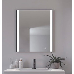 Loevschall Libra Modern Bathroom Mirror with Lighting, 60 x 70 cm, Square Mirror, Smart Mirror with Touch Switch, Black Frame, Bathroom Mirror with 5 cm LED Light Field, Brightness Dimmable