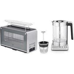 WMF Lono Toaster, Glass with Bun Attachment, 2 Slices, XXL, Motorised Toast Holder & Lono 2-in-1 Vario Kettle with Temperature Setting, 1.4 - 1.7 L, 3000 W, Glass Kettle with Tea Strainer