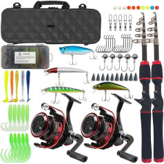 L PATTERN Fishing Rod and Fishing Reel Set, 65 Pieces Carbon Fibre Telescopic Rod Fishing Set, Spinning Reels Fishing Accessories Fishing Lure Set, 2.1 m Fishing Rod and Reel Complete Combination Set