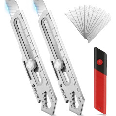 BIBURY Pack of 2 Professional Cutter Knives, Stainless Steel Utility Knife with Extra 10 SK5 18 mm Snap-off Blade, Multifunctional Multi-Purpose Carpet Knife, Die-Cast Cutter Knife for Indoor & DIY