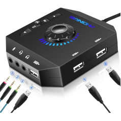 External Sound Card, PHOINIKAS T10 USB Audio Adapter for PC Windows, Mac, Linux, Laptops, Desktops, Stereo Sound Card with 3.5 mm Interface & USB Interface, Plug & Play (6-in-1, Black)