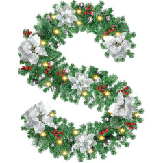 Timiyou Christmas Garland, 270 cm Fir Garland with Flowers and Red Berry, Christmas Decoration, Indoor Outdoor Garland for Home, Stairs, Fireplace, Front Door, Patio and Gardens (Silver)
