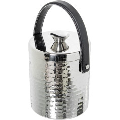 DRW Ice Bucket with Lid Made of Stainless Steel, Leather Handle, Glossy, 15 x 15 x 28 cm, Metal, Hammered Gloss, 15 x 15 x 28 cm