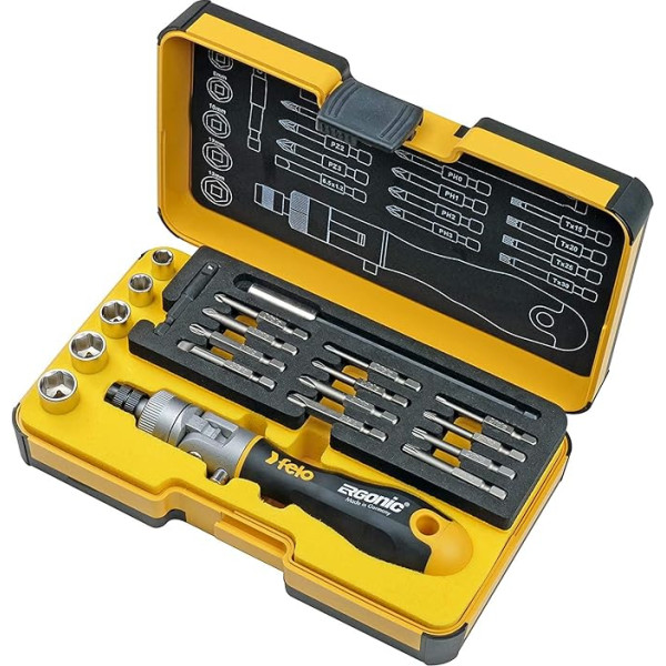 Felo ERGONIC K Box 20-Piece with Ratchet / Knuckle Screwdriver, Bits and Socket Spanner Felo Jgo Multi-Coloured
