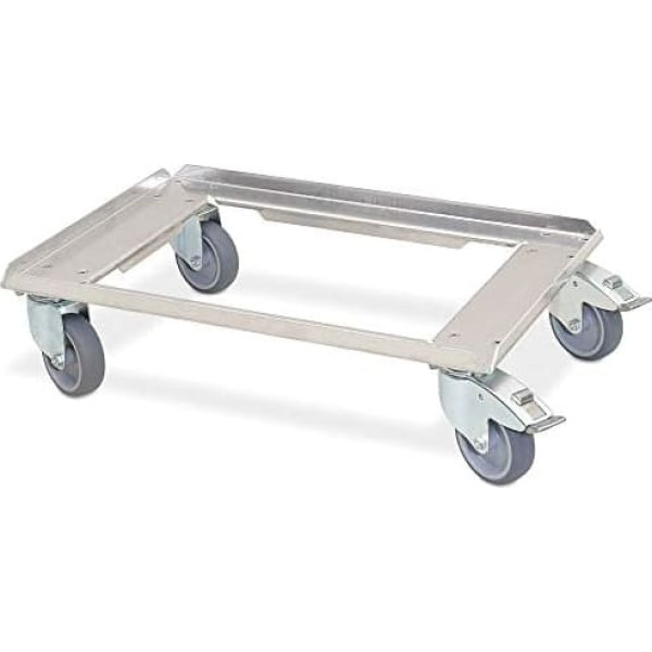 BRB Aluminium Transport Roller for 600 x 400 mm Container, 4 Castors, 2 with Parking Brake, Wheels with Grey Rubber Treads