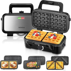 Fohere Sandwich Maker, 1200 W, 5-Speed Temperature Control, Waffle Iron, Sandwich Toaster, Contact Grill, 3-in-1 with Non-Stick Coating for Easy Cleaning without Burning, LED Lights