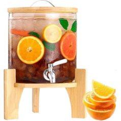 Getränkespender aus Glas mit Zapfhahn und Holzständer – 1,5 l/2,5 l/4 l/5 l Getränkespender für kalte Getränke, perfekt für Partys, Veranstaltungen und den täglichen Gebrauch, stilvoller