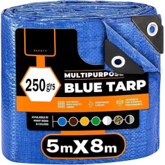 Waterproof Tarpaulin with Eyelets 5 x 8 cm 250 g/m² with Eyelets UV Protection and Rain Cover PE for Boat, Car, Pool, Garden, Camping, Blue+Black