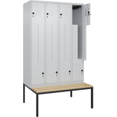 C + P Möbelsysteme C+P | Z-Spind Classic Plus Sitzbank | 4 Abteile | lichtgrau | B 1200 mm | Sicherheits-Drehriegel | untergebaut | Buche-Hartholz
