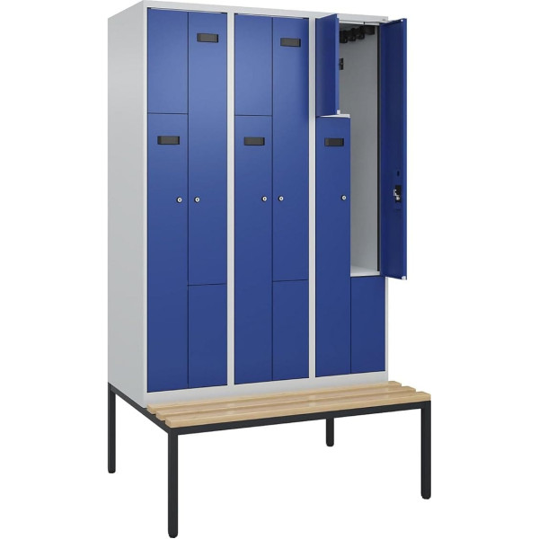 kaiserkraft | Z-Spind Evolo Plus Sitzbank | 3 Abteile | lichtgrau/enzianblau | B 1200 mm | Zylinderschloss | mit untergebauter Sitzbank | Buche