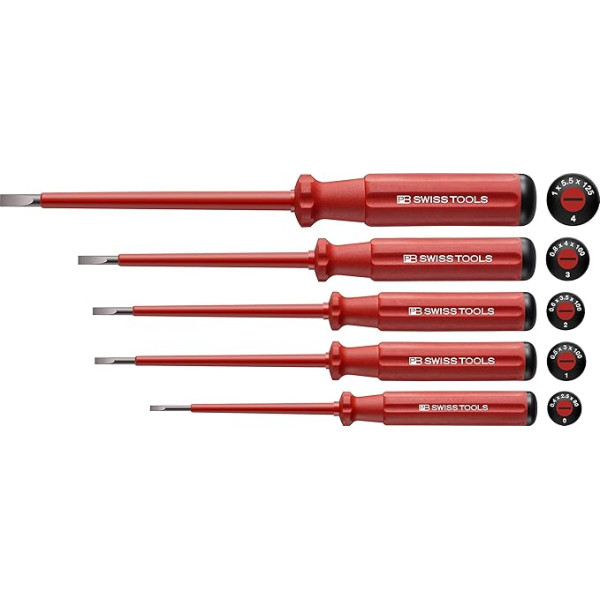 PB Swiss Tools VDE SCHLITZ Electrician PB 5538 Screwdriver Set 5 Pieces (0/1/2/3/4), Insulated up to 1,000 Volts, 100% Swiss Made, Red