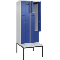 kaiserkraft | Z-Spind Evolo Plus Sitzbank | 2 Abteile | lichtgrau/enzianblau | B 800 mm | Zylinderschloss | mit untergebauter Sitzbank | Kunststoff