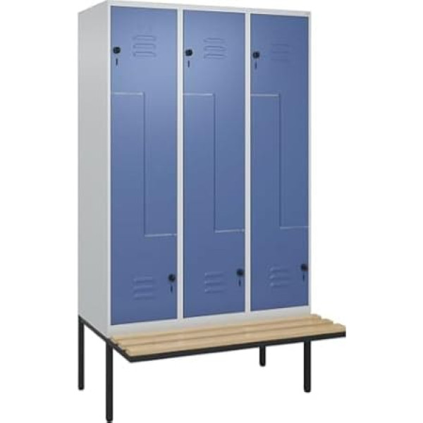 C + P Möbelsysteme C+P | Z-Spind Classic Plus Sitzbank | 3 Abteile | lichtgrau/fernblau | B 1200 mm | Sicherheits-Drehriegel | auskragend | Buche-Hartholz