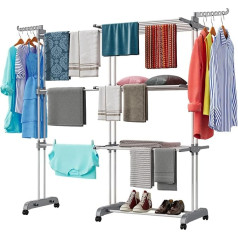 Shrivee 3 Tier Washing Rack Tower 75-200 cm Extendable with 2 Rotating Wings High 180 cm Space-Saving Clothes Drying Rack with Wheels for Home, Balcony and Garden (Grey)