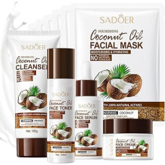 Coconut Oil Skin Care Kit, Skin Care Kits for Teens, Teen Girls, Gifts - 5 Piece Gentle Skin Cleansing and Care Face Set with Cleanser, Toner, Serum, Face Cream, Face Mask,