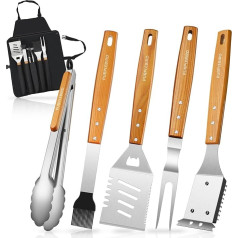 PURPLEBIRD Barbecue Cutlery Set 5-Piece Professional Stainless Steel Barbecue Accessory Tool Set, Carry Bag with Apron Function, Top Barbecue Cutlery Set with Wooden Handle, Ideal for BBQ Teppanyaki