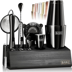 BARE BARREL Pro Cocktail Set, Mixology Bartender Set, 14 Piece Boston Cocktail Shaker Set, Barware, Stand and 35 Recipe Card Set (Jet Black)