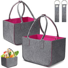 Pack of 2 Felt Shopping Baskets, Felt Bags, Shopping Bag with Handle, Felt Shopping Basket, Foldable 40 x 27 x 27 cm, Felt Bag Shopper for Shopping, Trips, Picnic, Dark Grey/Purple, Grey-purple,