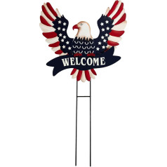 SAGUZOU Patriotischer amerikanischer Adler Gartenstecker – Metall Hofkunst Dekor mit Willkommensbanner und Sternen, Rot Weiß Blau 4. Juli Outdoor-Dekorationen, Gedenktag Hofpfahl für Garten oder Rasen
