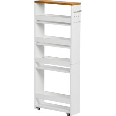 FetiNes Rolling Cart 5 Tier Kitchen Trolley Narrow Recess Shelf on Wheels Steel Handle for Small Spaces 40 x 14 x 100 cm Kitchen Bathroom Living Room Study Oak + White