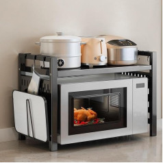 Mapille Expandable Microwave Shelf, Microwave Holder Made of Carbon Steel with 6 Hooks, Chopping Board Holder, 2-Tier Microwave Stand, Shelf, Kitchen Organiser, Flexible, Extendable from 40-64 cm