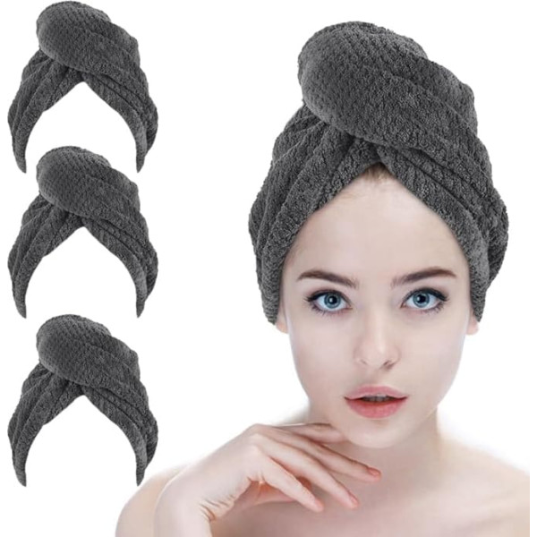 SINLAND Microfiber Hair Drying Cap Hair Towel Turban for Women Quick Dry Absorbent Soft Lightweight 3 Pack Grey