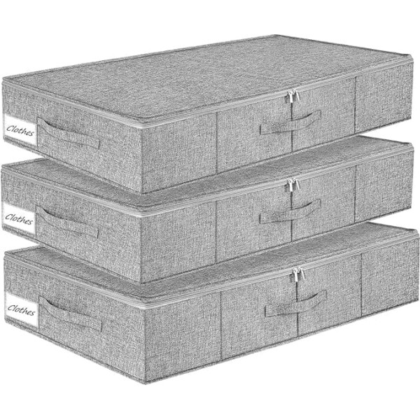 TAHAVICE Pack of 3 Underbed Storage Boxes, Underbed Storage with Lid, Underbed Storage with Zip and Handle, Bed Box Storage for Pillows, Clothes, Blankets, Duvets, Grey