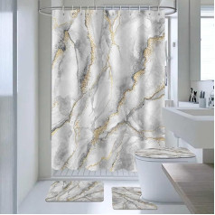 AIBIIN Marble Shower Curtain Sets 4 Pieces Abstract Grey Shower Curtain Set with Non-Slip Rugs, Modern Toilet Lid Cover and Bath Mat, Bath Curtain for Bathroom Decor (Hooks Included)