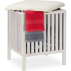 Relaxdays Laundry Basket with Seat, Bathroom Stool, Country House Style, 40 L Laundry Hamper, Wood & Fabric, H x W x D: 53 x 41 x 41 cm, White