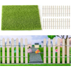KARLOR Miniature Artificial Grass with Mini Fence Set, 2 Fences + Artificial Grass 30 x 30 cm, Wooden Garden Fence, Mini Garden Decoration, Fairy Garden Fence, Artificial Grass for Crafts, Artificial