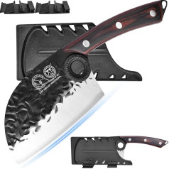XYJ Kitchen Knife, Black High Carbon Steel Meat Cleaver, 4.5 Inch Hand Forged Serbian Chefs Butcher Knife, Full Tang Meat Cutting Knife with Sheath for Outdoor Camping BBQ for Special Day