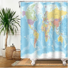 SDOTPMT 152 x 183 cm World Map Shower Curtain Countries and Cities Geography Educational Bath Curtain for Children Blue Ocean Continents Bath Curtain Fabric Waterproof for Bathroom Bath Curtain with