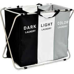 Large Foldable Laundry Basket with 3 Compartments, Stainless Steel Holder, Dirty Laundry Bag with Handle for Bathroom, Bedroom, Home, 71.5 cm x 58 cm x 39 cm