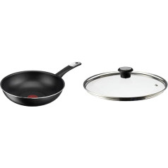 Tefal C38819 Hard Titanium Essential Wok Pan 28 cm and Glass Lid 28 cm, Stainless Steel Frame, Dishwasher Safe, Steam Valve, Thermoplastic Handle, 28097712