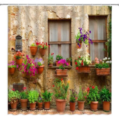 FILMILIL Farm Style Shower Curtain Garden Pot Italian Green Plants Vintage Window 3D Print Mediterranean Greece Scene Bathroom Decoration Polyester Fabric with Hooks (228x178