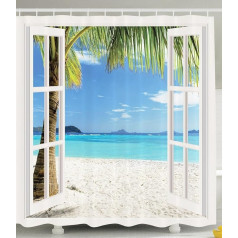 Violetpos White Wooden Window Palm Tree Beach Shower Curtain Bathroom Decorative 90x180cm